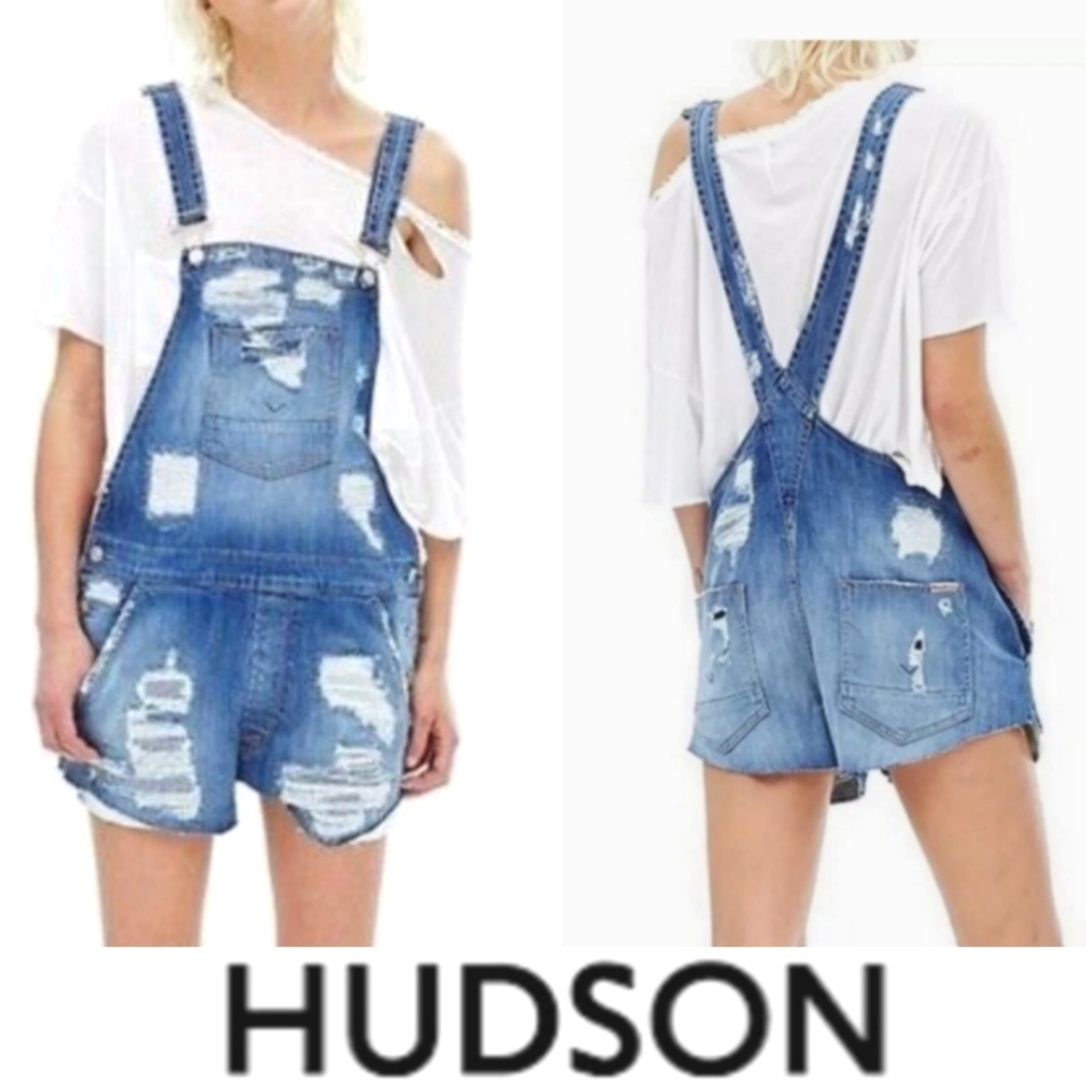 Hudson Jeans Florence Shortall Overalls Shorts Southpaw Boho Casual Distressed - Picture 1 of 13